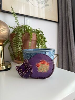 Purple Cat Shaped Leather Coin Wallet with Floral Detail
